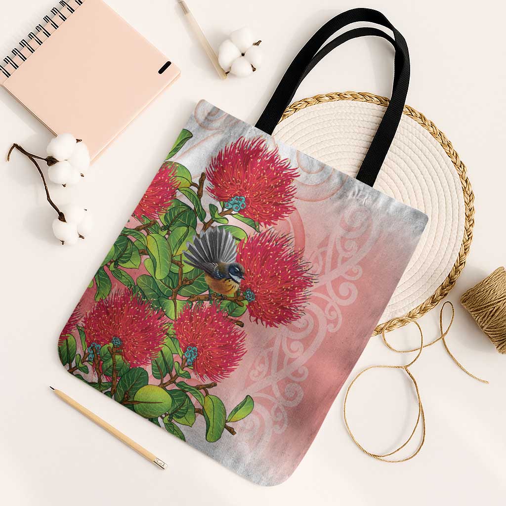 New Zealand Fantail Tote Bag Maori Koru With Pohutukawa Flowers LT05 Black Strap One Size Red - Polynesian Pride