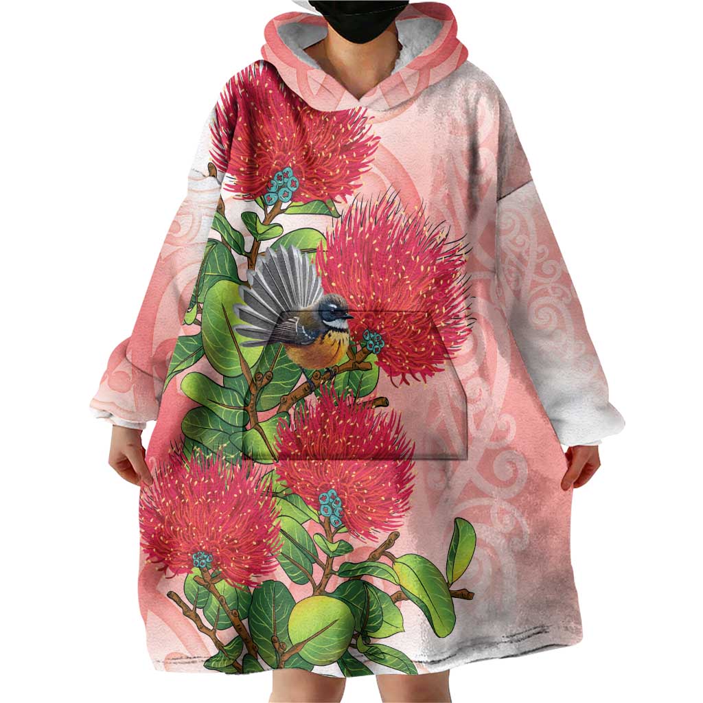 New Zealand Fantail Wearable Blanket Hoodie Maori Koru With Pohutukawa Flowers - Polynesian Pride