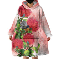 New Zealand Fantail Wearable Blanket Hoodie Maori Koru With Pohutukawa Flowers - Polynesian Pride