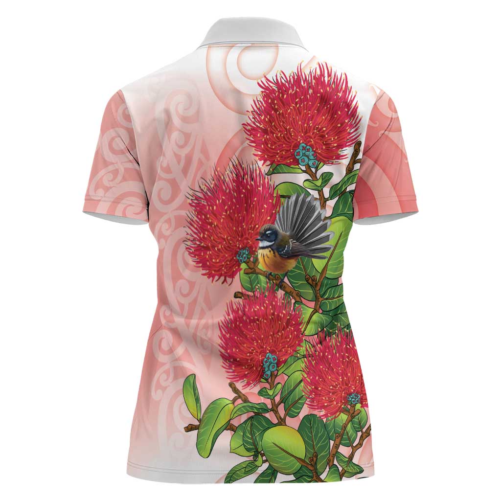 New Zealand Fantail Women Polo Shirt Maori Koru With Pohutukawa Flowers - Polynesian Pride