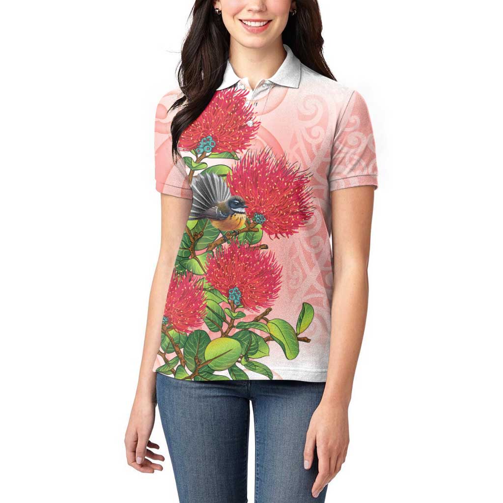 New Zealand Fantail Women Polo Shirt Maori Koru With Pohutukawa Flowers - Polynesian Pride