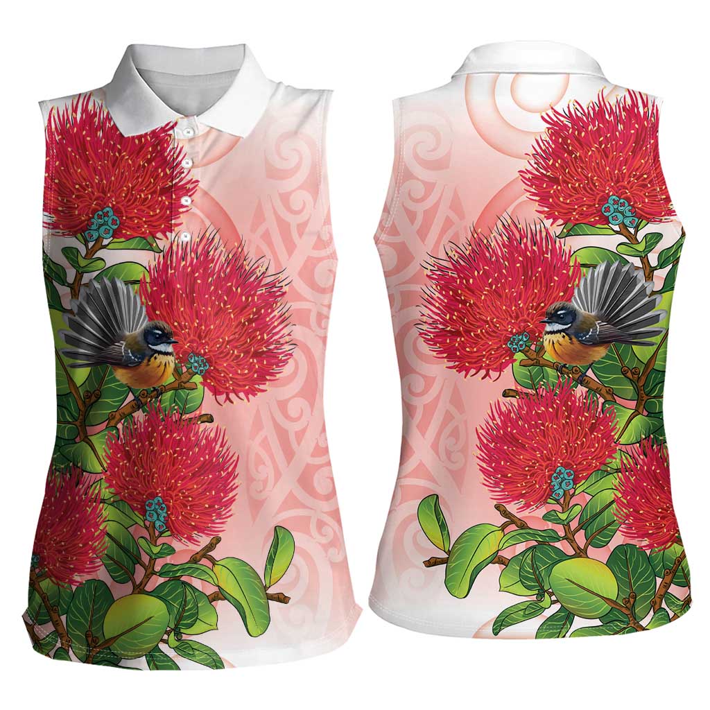 New Zealand Fantail Women Sleeveless Polo Shirt Maori Koru With Pohutukawa Flowers - Polynesian Pride