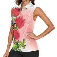 New Zealand Fantail Women Sleeveless Polo Shirt Maori Koru With Pohutukawa Flowers - Polynesian Pride