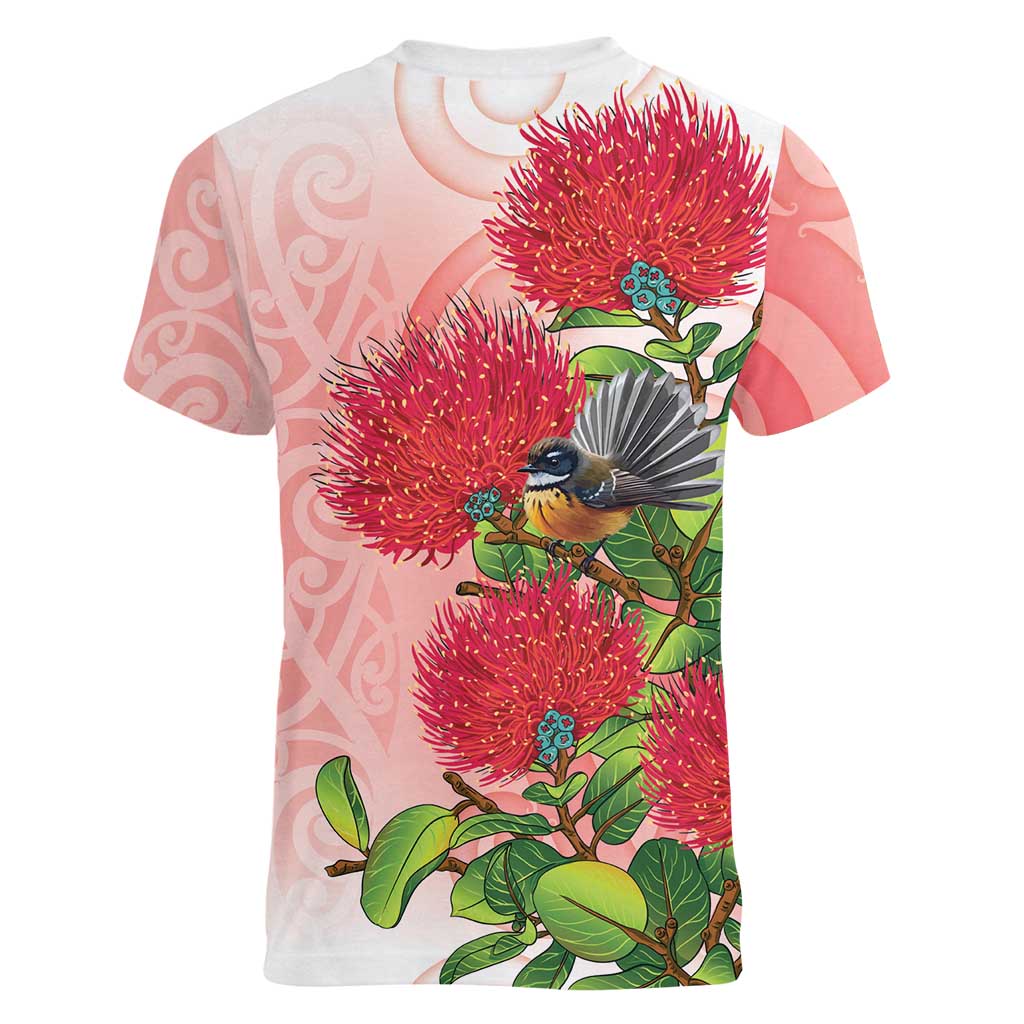New Zealand Fantail Women V-Neck T-Shirt Maori Koru With Pohutukawa Flowers - Polynesian Pride