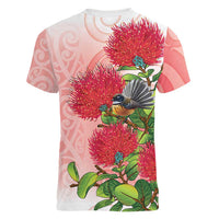 New Zealand Fantail Women V-Neck T-Shirt Maori Koru With Pohutukawa Flowers - Polynesian Pride