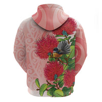New Zealand Fantail Zip Hoodie Maori Koru With Pohutukawa Flowers - Polynesian Pride