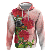 New Zealand Fantail Zip Hoodie Maori Koru With Pohutukawa Flowers - Polynesian Pride