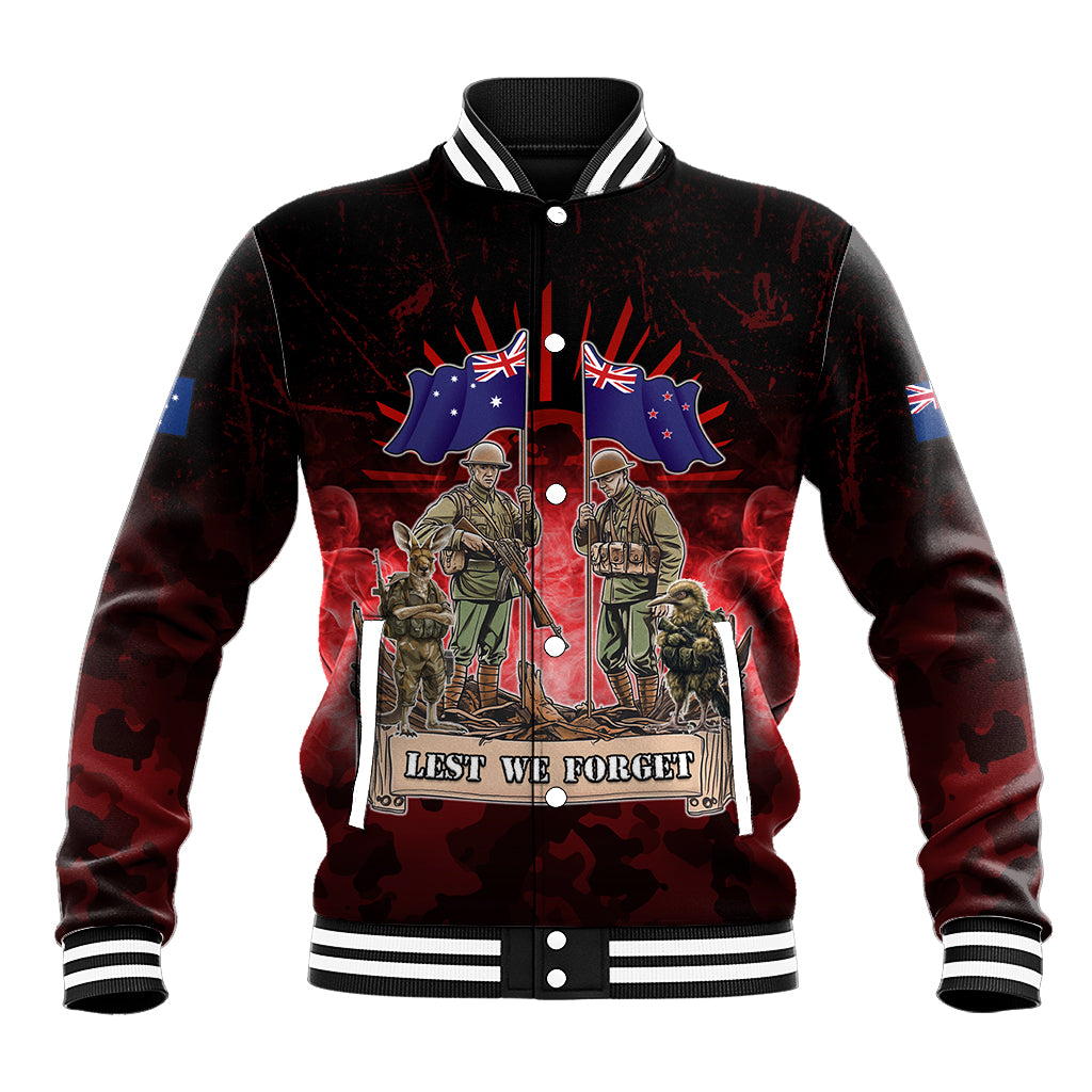 Australia And New Zealand ANZAC Day Baseball Jacket Soldiers Lest We Forget LT05 Unisex Red - Polynesian Pride