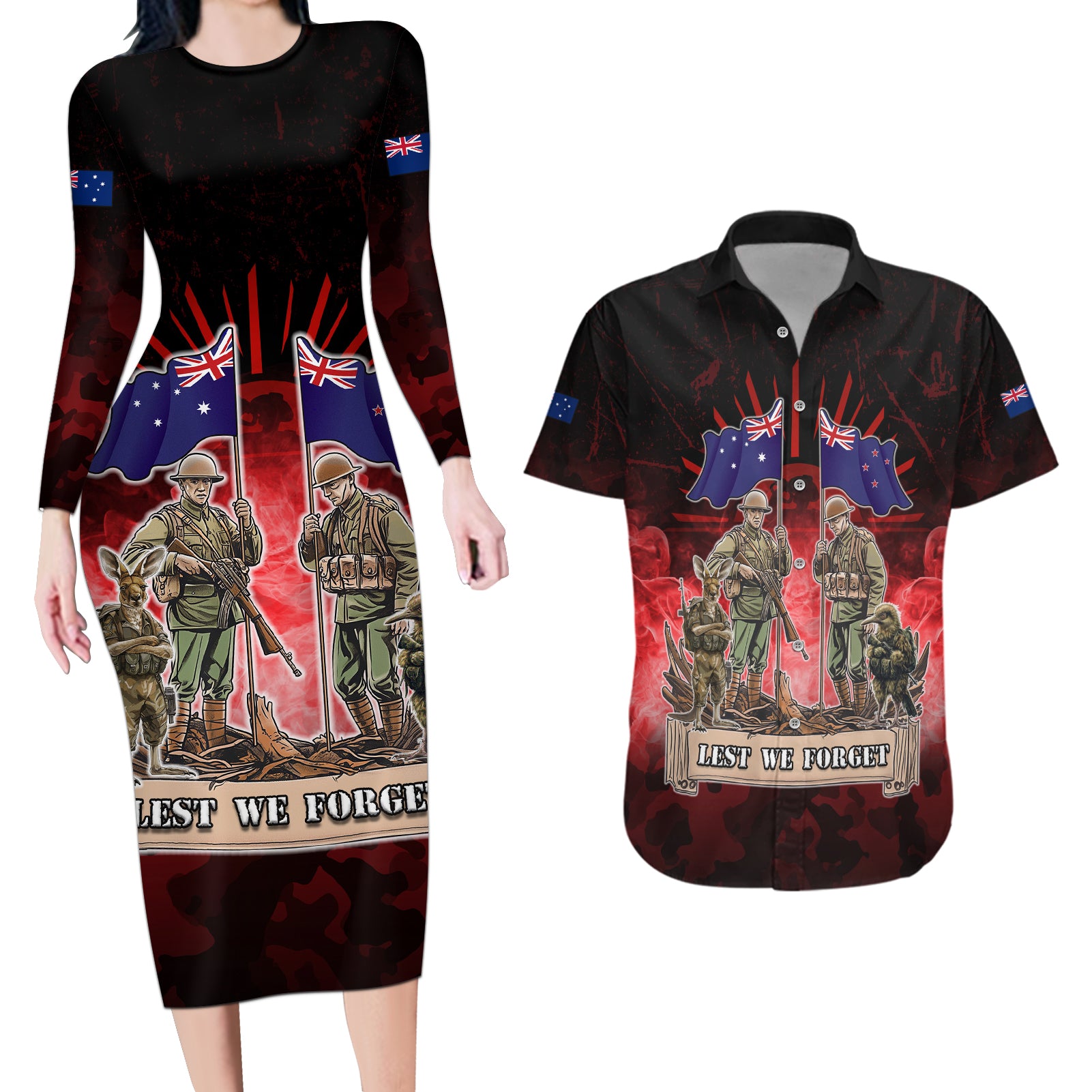 Australia And New Zealand ANZAC Day Couples Matching Long Sleeve Bodycon Dress and Hawaiian Shirt Soldiers Lest We Forget LT05 Red - Polynesian Pride