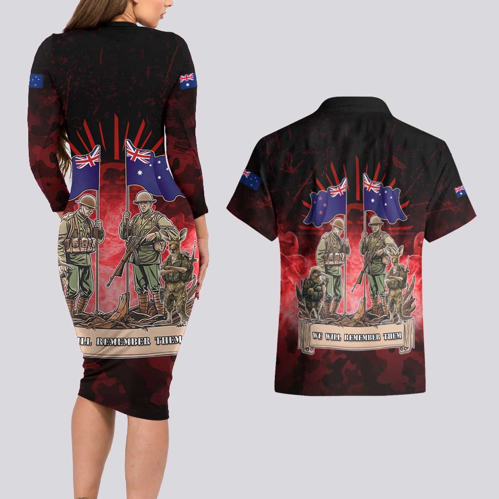 Australia And New Zealand ANZAC Day Couples Matching Long Sleeve Bodycon Dress and Hawaiian Shirt Soldiers Lest We Forget