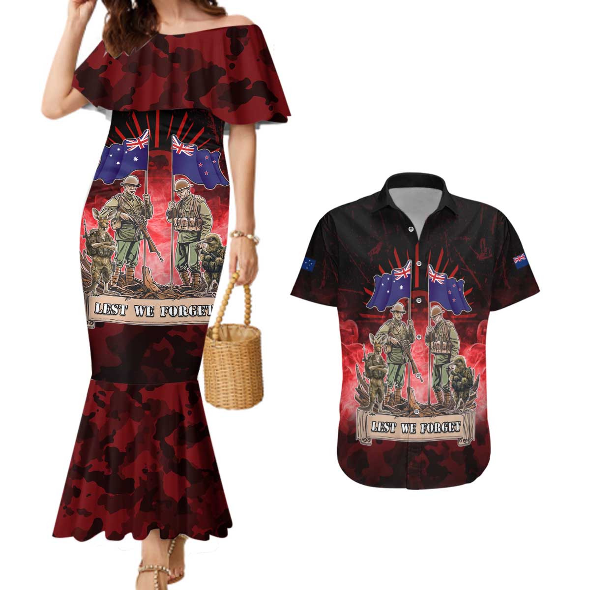 Australia And New Zealand ANZAC Day Couples Matching Mermaid Dress and Hawaiian Shirt Soldiers Lest We Forget