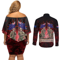 Australia And New Zealand ANZAC Day Couples Matching Off Shoulder Short Dress and Long Sleeve Button Shirt Soldiers Lest We Forget