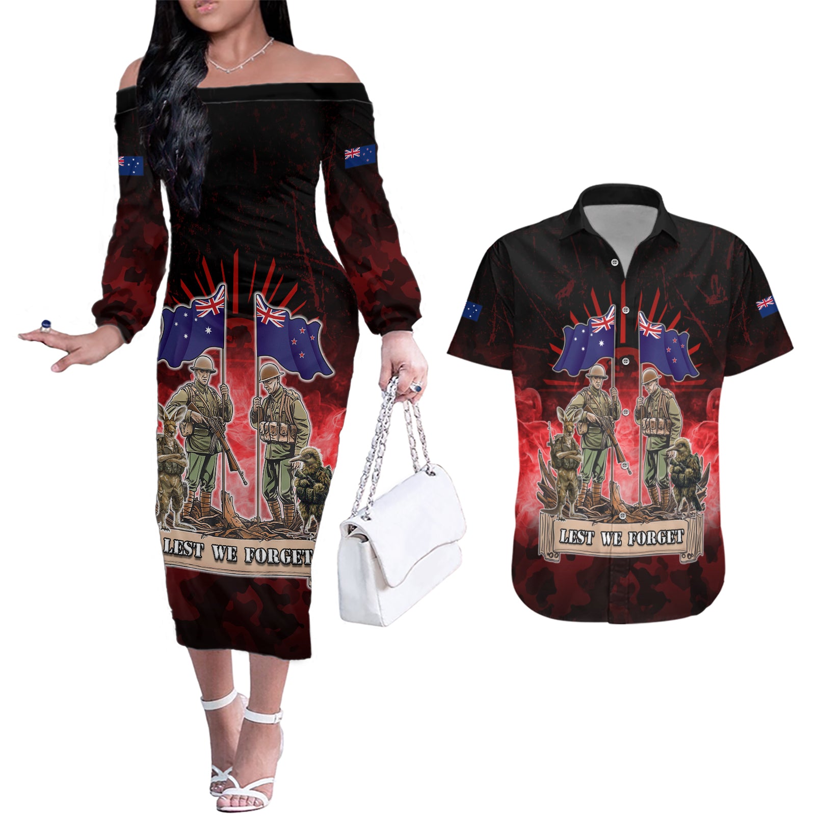 Australia And New Zealand ANZAC Day Couples Matching Off The Shoulder Long Sleeve Dress and Hawaiian Shirt Soldiers Lest We Forget LT05 Red - Polynesian Pride