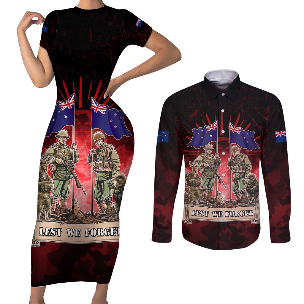 Australia And New Zealand ANZAC Day Couples Matching Short Sleeve Bodycon Dress and Long Sleeve Button Shirt Soldiers Lest We Forget