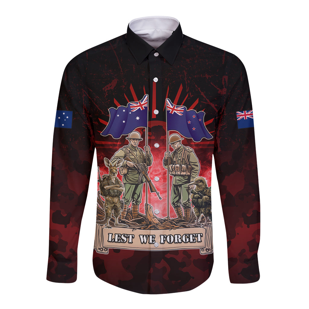 Australia And New Zealand ANZAC Day Long Sleeve Button Shirt Soldiers Lest We Forget LT05 Unisex Red - Polynesian Pride