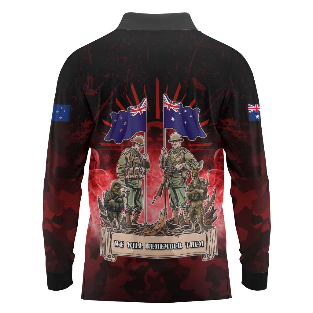 Australia And New Zealand ANZAC Day Long Sleeve Polo Shirt Soldiers Lest We Forget