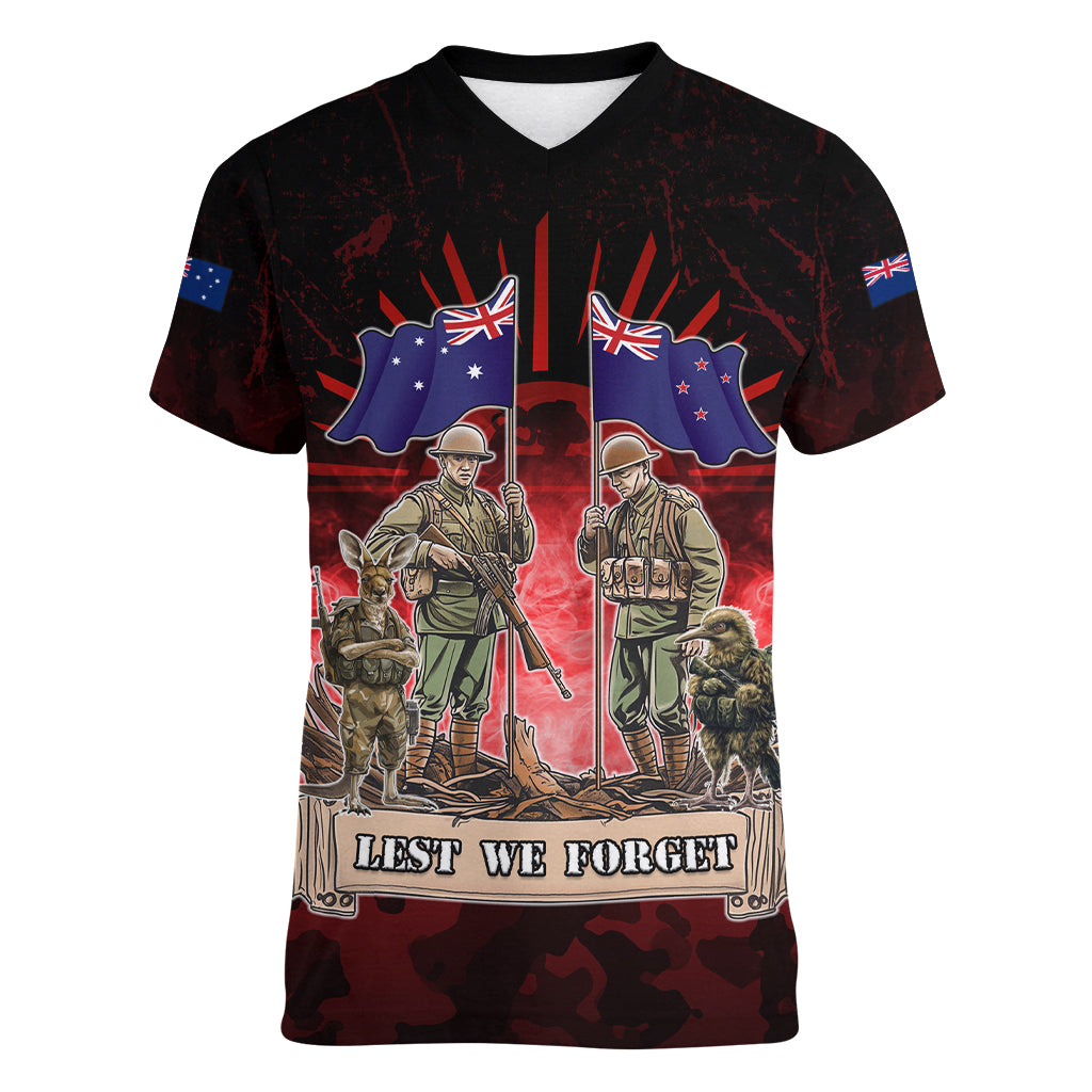 Australia And New Zealand ANZAC Day Women V Neck T Shirt Soldiers Lest We Forget LT05 Female Red - Polynesian Pride