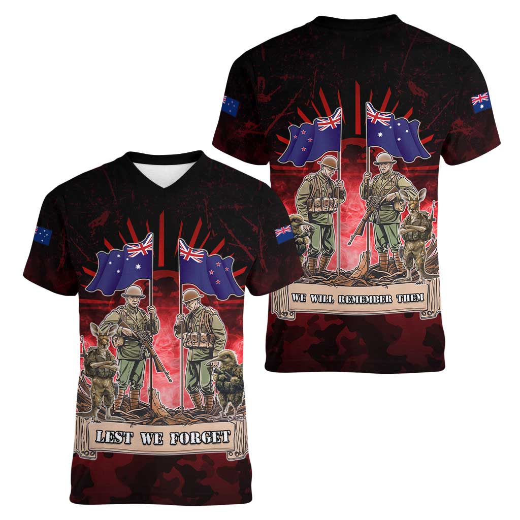 Australia And New Zealand ANZAC Day Women V-Neck T-Shirt Soldiers Lest We Forget