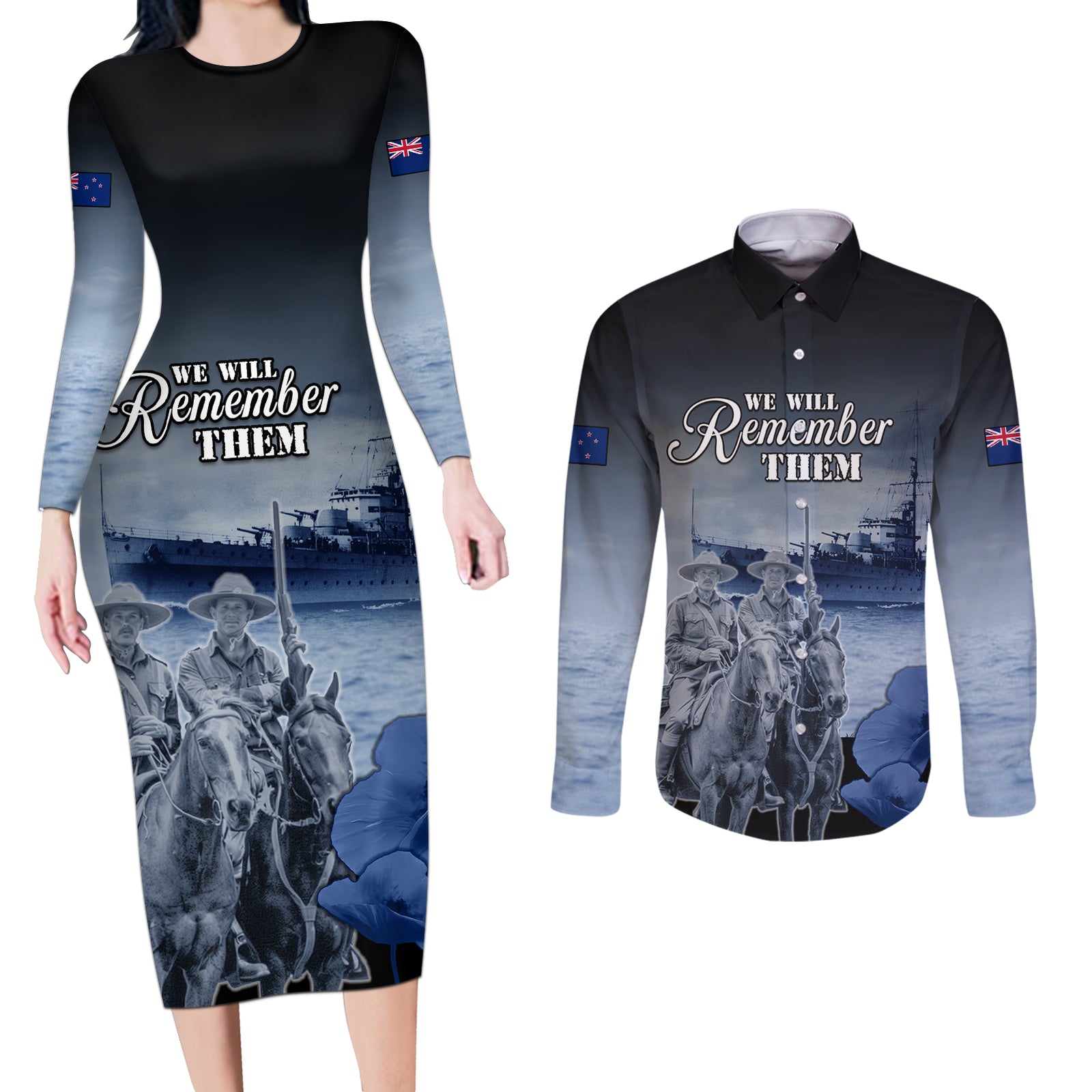 New Zealand ANZAC Day Couples Matching Long Sleeve Bodycon Dress and Long Sleeve Button Shirt HMNZS Achilles We Will Remember Them LT05 Blue - Polynesian Pride