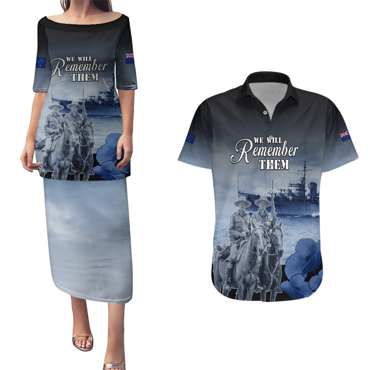 New Zealand ANZAC Day Couples Matching Puletasi and Hawaiian Shirt HMNZS Achilles We Will Remember Them LT05 Blue - Polynesian Pride