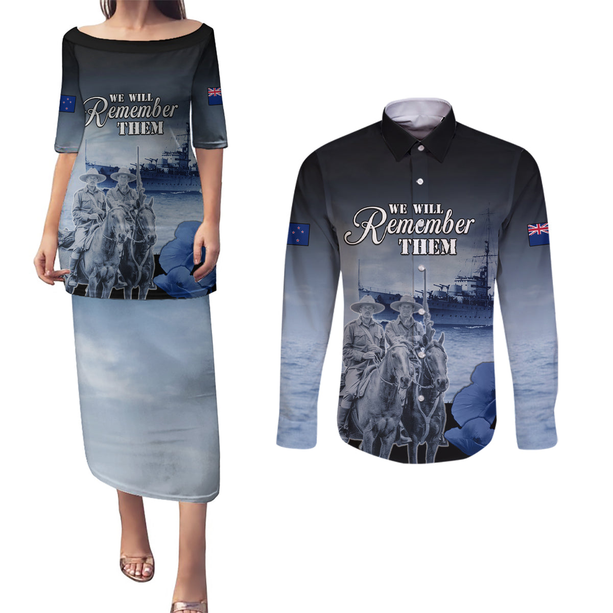 New Zealand ANZAC Day Couples Matching Puletasi and Long Sleeve Button Shirt HMNZS Achilles We Will Remember Them LT05 Blue - Polynesian Pride