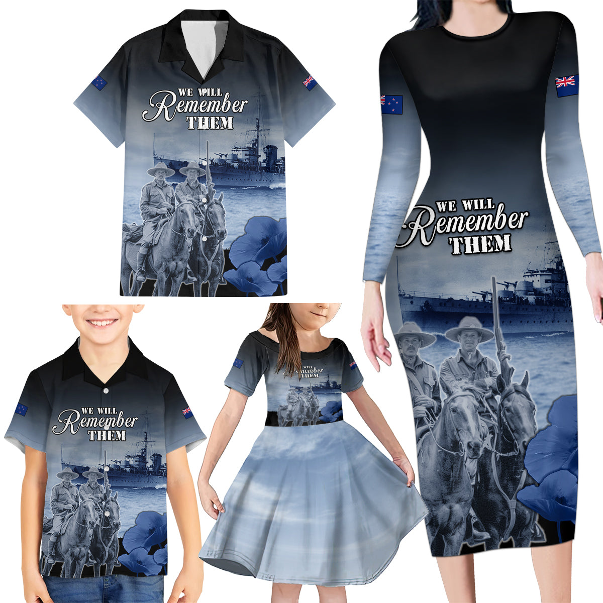 New Zealand ANZAC Day Family Matching Long Sleeve Bodycon Dress and Hawaiian Shirt HMNZS Achilles We Will Remember Them LT05 - Polynesian Pride