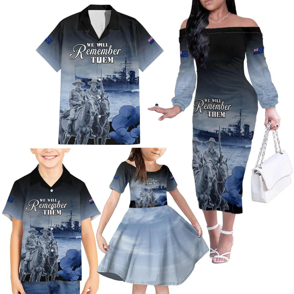 New Zealand ANZAC Day Family Matching Off The Shoulder Long Sleeve Dress and Hawaiian Shirt HMNZS Achilles We Will Remember Them LT05 - Polynesian Pride