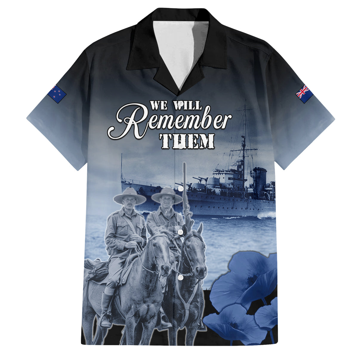 New Zealand ANZAC Day Family Matching Off Shoulder Maxi Dress and Hawaiian Shirt HMNZS Achilles We Will Remember Them LT05 Dad's Shirt - Short Sleeve Blue - Polynesian Pride