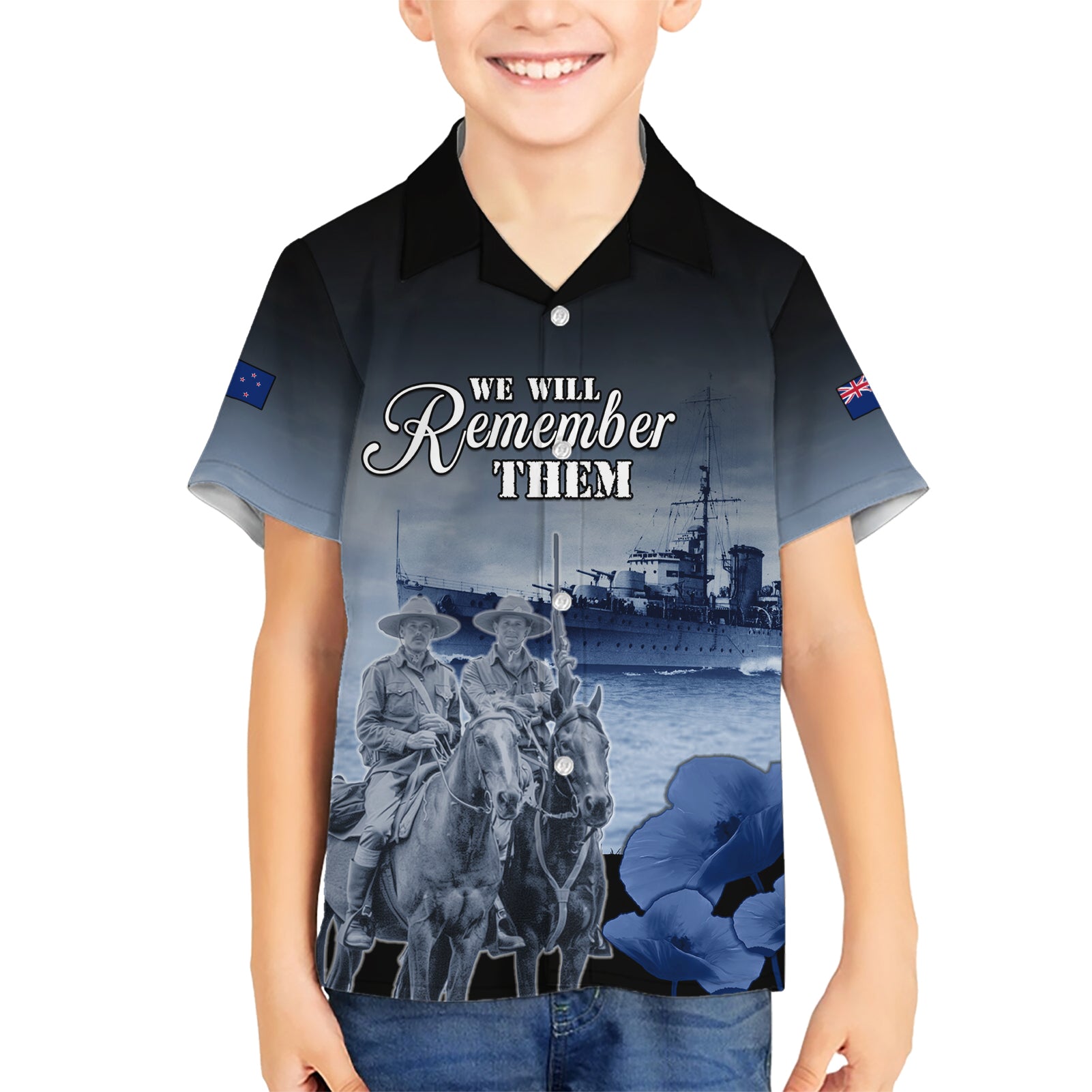 New Zealand ANZAC Day Kid Hawaiian Shirt HMNZS Achilles We Will Remember Them LT05 Kid Blue - Polynesian Pride