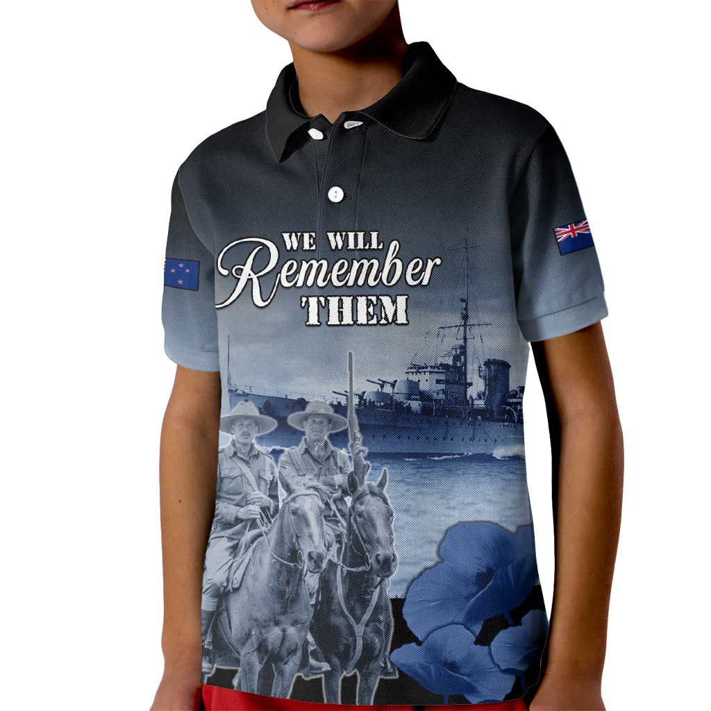 New Zealand ANZAC Day Kid Polo Shirt HMNZS Achilles We Will Remember Them LT05 Kid Blue - Polynesian Pride