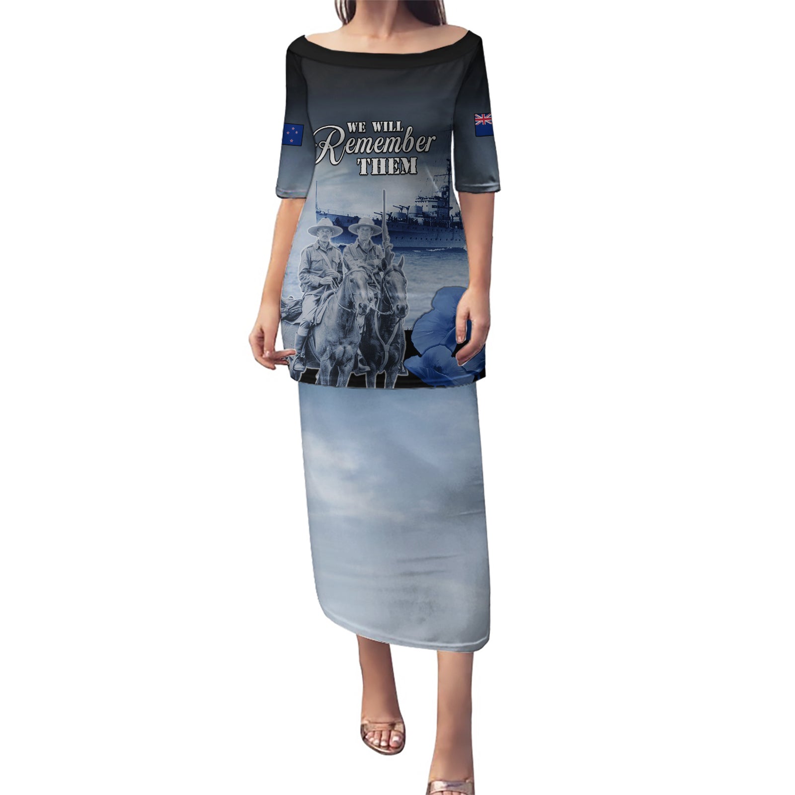 New Zealand ANZAC Day Puletasi HMNZS Achilles We Will Remember Them LT05 Long Dress Blue - Polynesian Pride