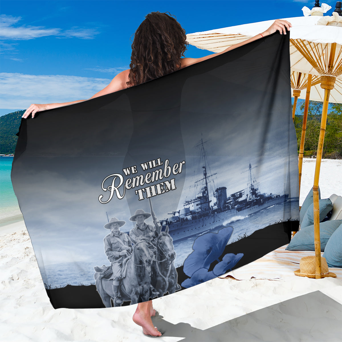 New Zealand ANZAC Day Sarong HMNZS Achilles We Will Remember Them LT05 One Size 44 x 66 inches Blue - Polynesian Pride