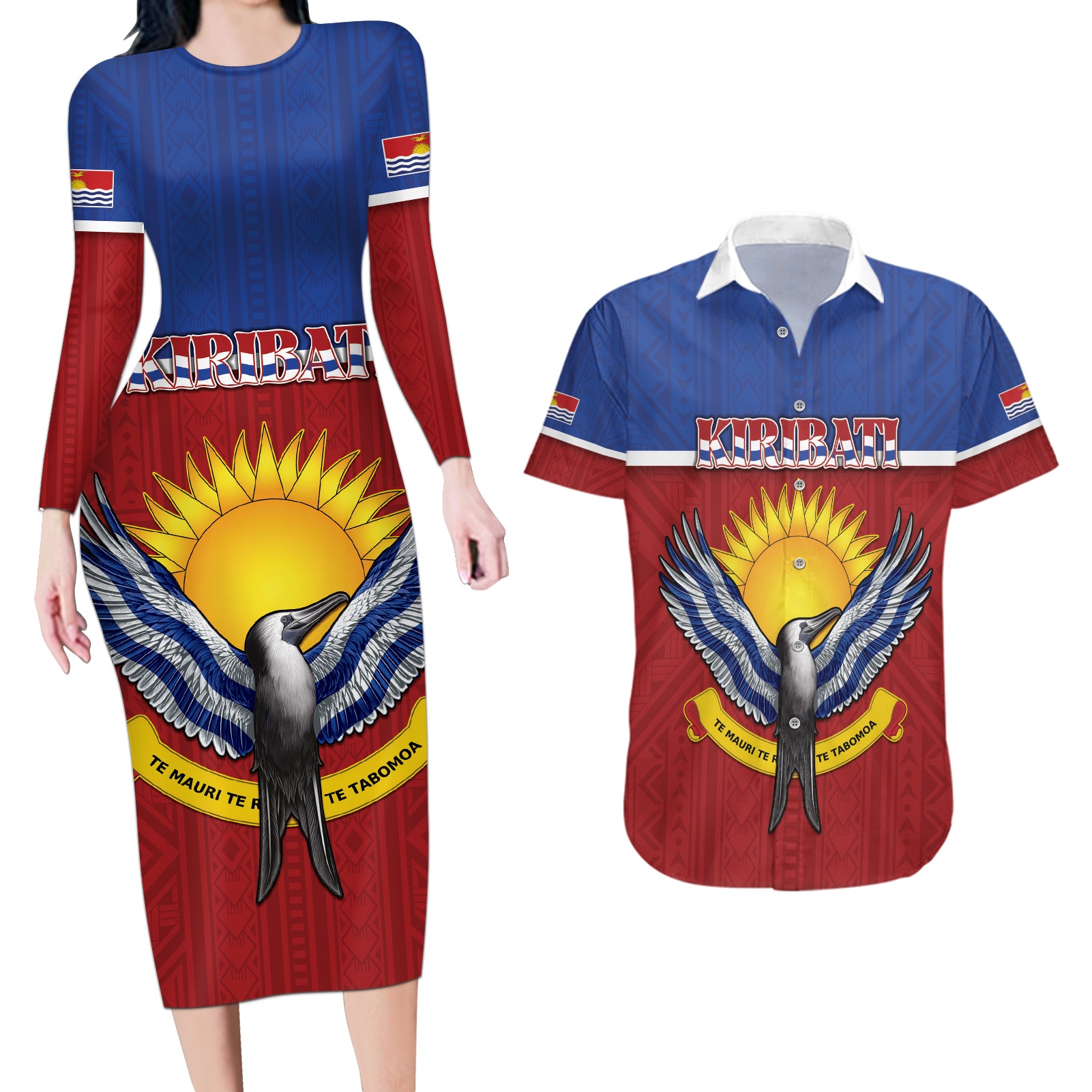 Kiribati 45th Independence Day Couples Matching Long Sleeve Bodycon Dress and Hawaiian Shirt Lesser Frigatebird Tribal Pattern