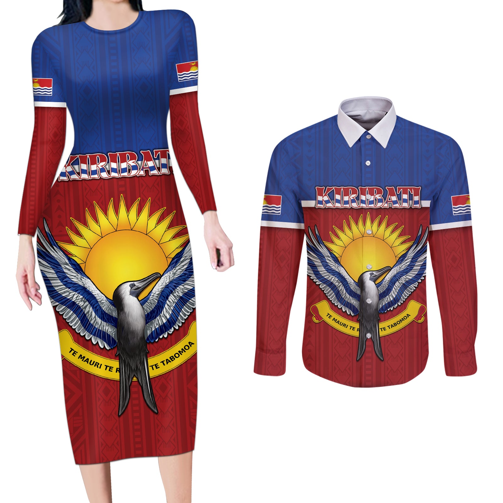 Kiribati 45th Independence Day Couples Matching Long Sleeve Bodycon Dress and Long Sleeve Button Shirt Lesser Frigatebird Tribal Pattern LT05 Red - Polynesian Pride
