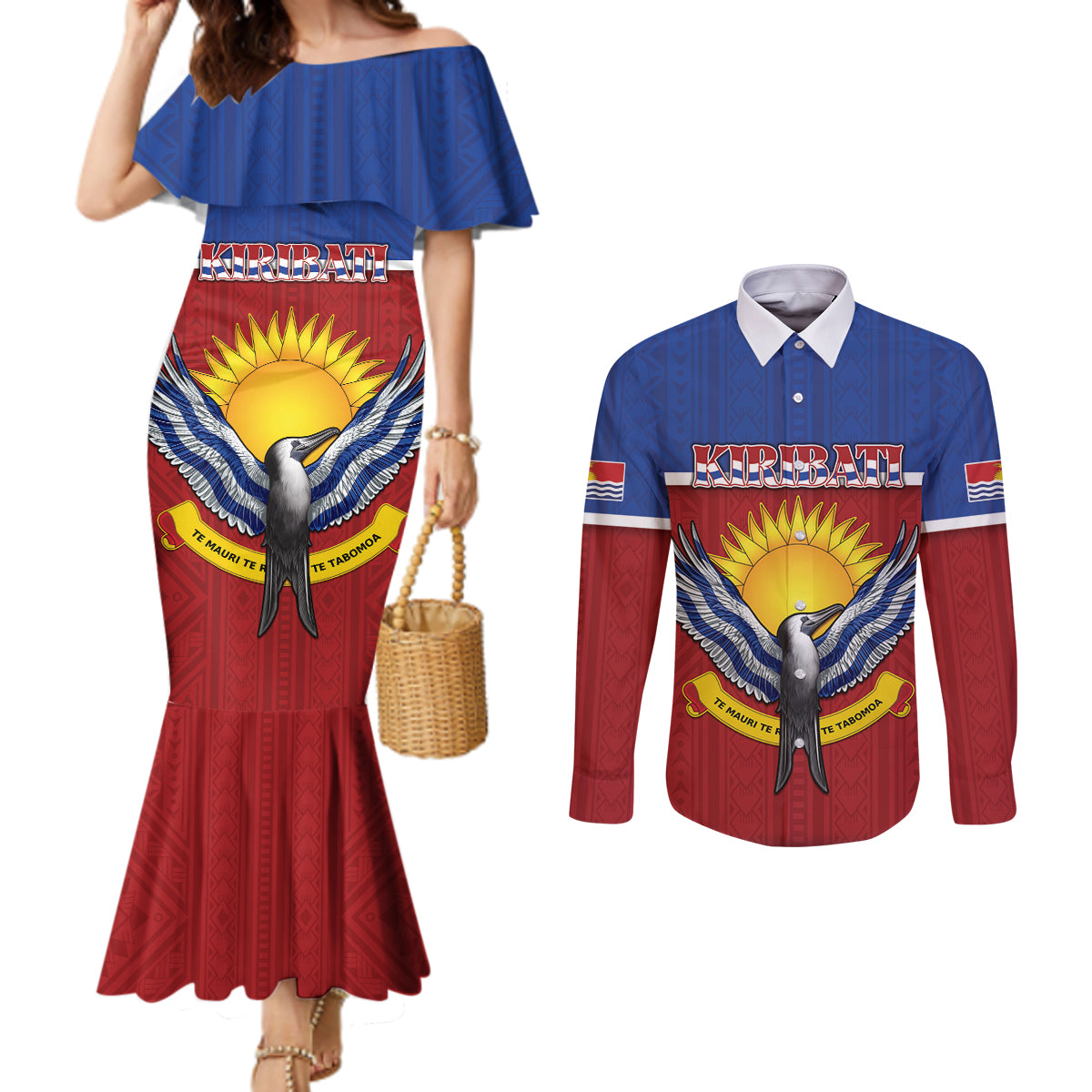 Kiribati 45th Independence Day Couples Matching Mermaid Dress and Long Sleeve Button Shirt Lesser Frigatebird Tribal Pattern