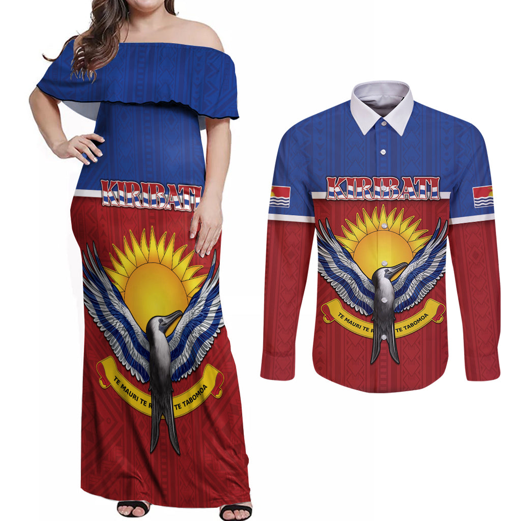 Kiribati 45th Independence Day Couples Matching Off Shoulder Maxi Dress and Long Sleeve Button Shirt Lesser Frigatebird Tribal Pattern