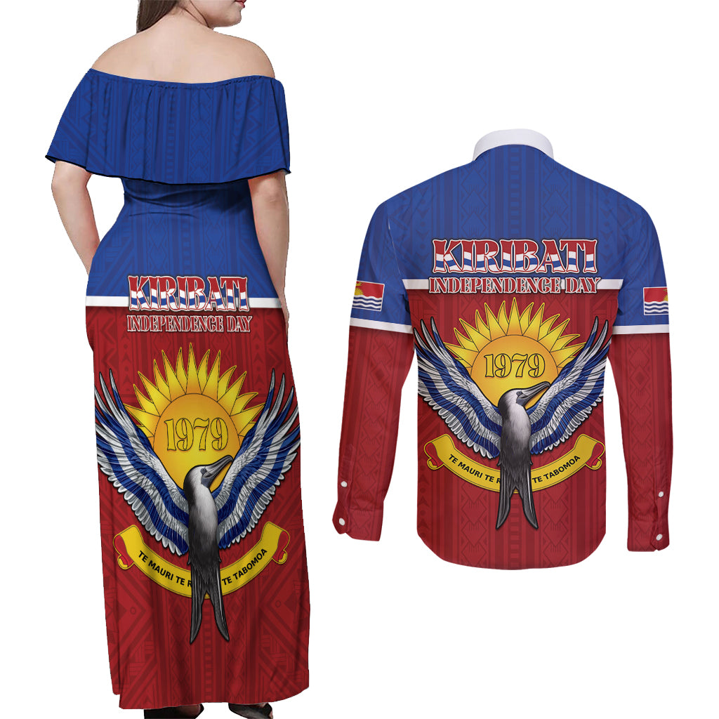 Kiribati 45th Independence Day Couples Matching Off Shoulder Maxi Dress and Long Sleeve Button Shirt Lesser Frigatebird Tribal Pattern LT05 - Polynesian Pride