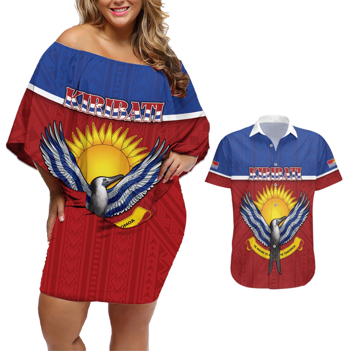 Kiribati 45th Independence Day Couples Matching Off Shoulder Short Dress and Hawaiian Shirt Lesser Frigatebird Tribal Pattern LT05 Red - Polynesian Pride