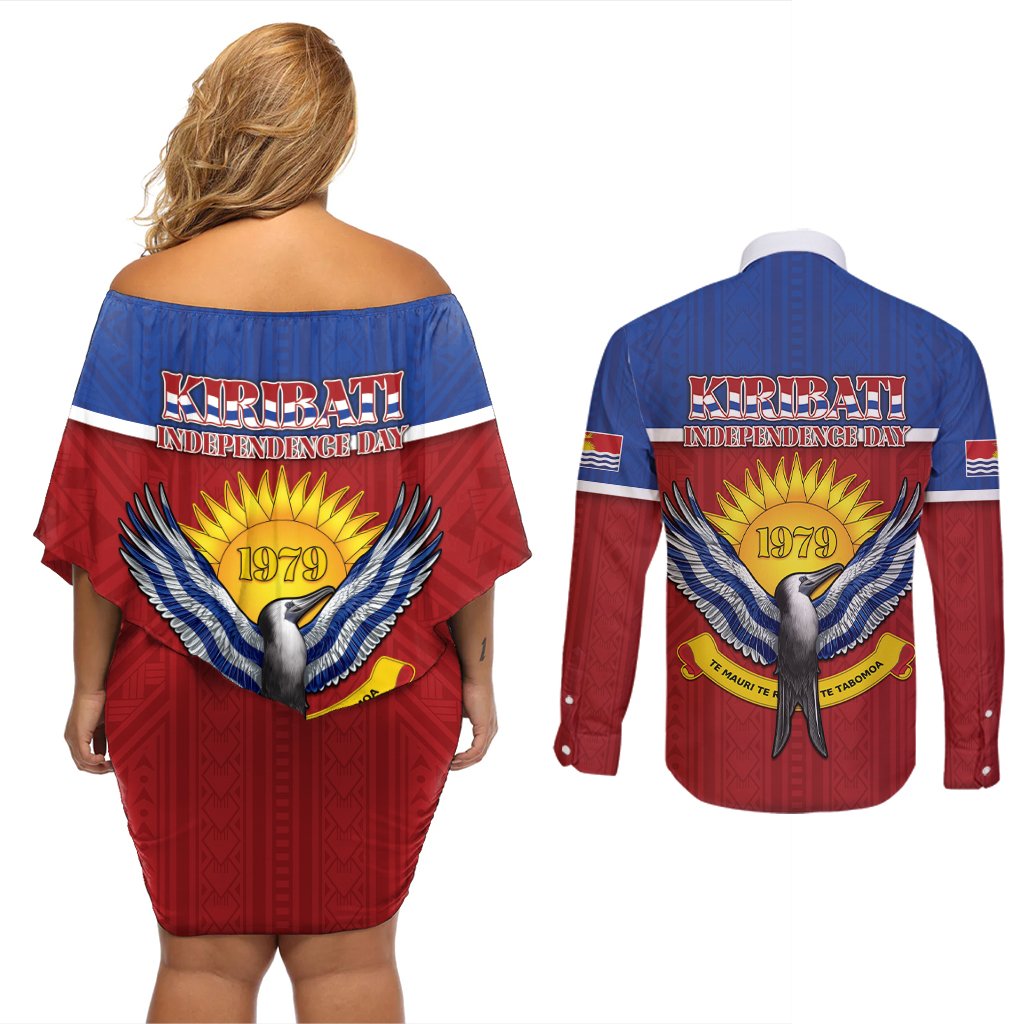 Kiribati 45th Independence Day Couples Matching Off Shoulder Short Dress and Long Sleeve Button Shirt Lesser Frigatebird Tribal Pattern LT05 - Polynesian Pride