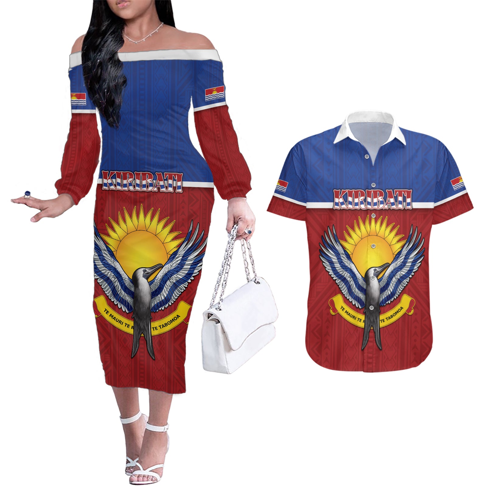 Kiribati 45th Independence Day Couples Matching Off The Shoulder Long Sleeve Dress and Hawaiian Shirt Lesser Frigatebird Tribal Pattern