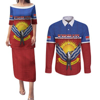Kiribati 45th Independence Day Couples Matching Puletasi and Long Sleeve Button Shirt Lesser Frigatebird Tribal Pattern LT05 Red - Polynesian Pride