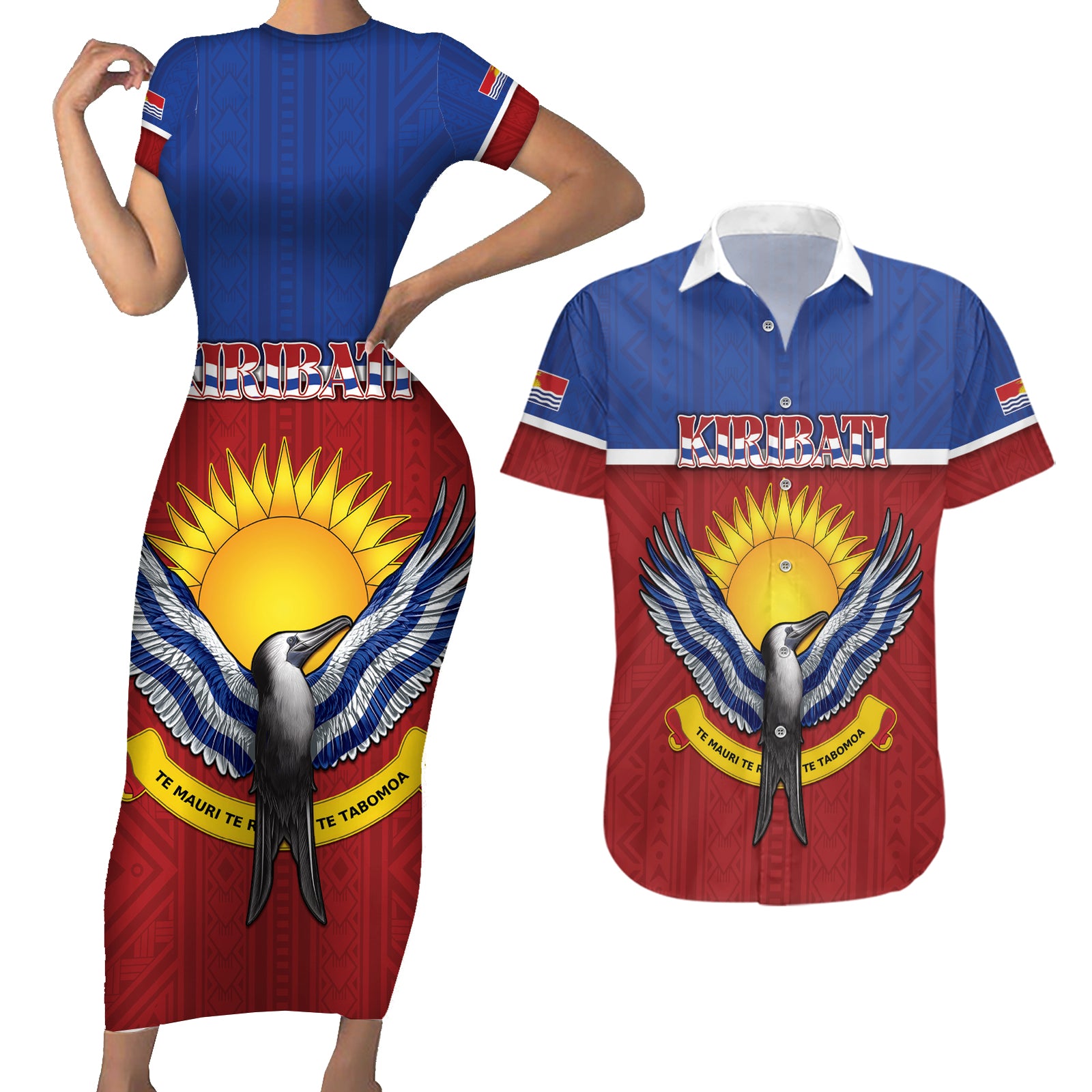 Kiribati 45th Independence Day Couples Matching Short Sleeve Bodycon Dress and Hawaiian Shirt Lesser Frigatebird Tribal Pattern LT05 Red - Polynesian Pride
