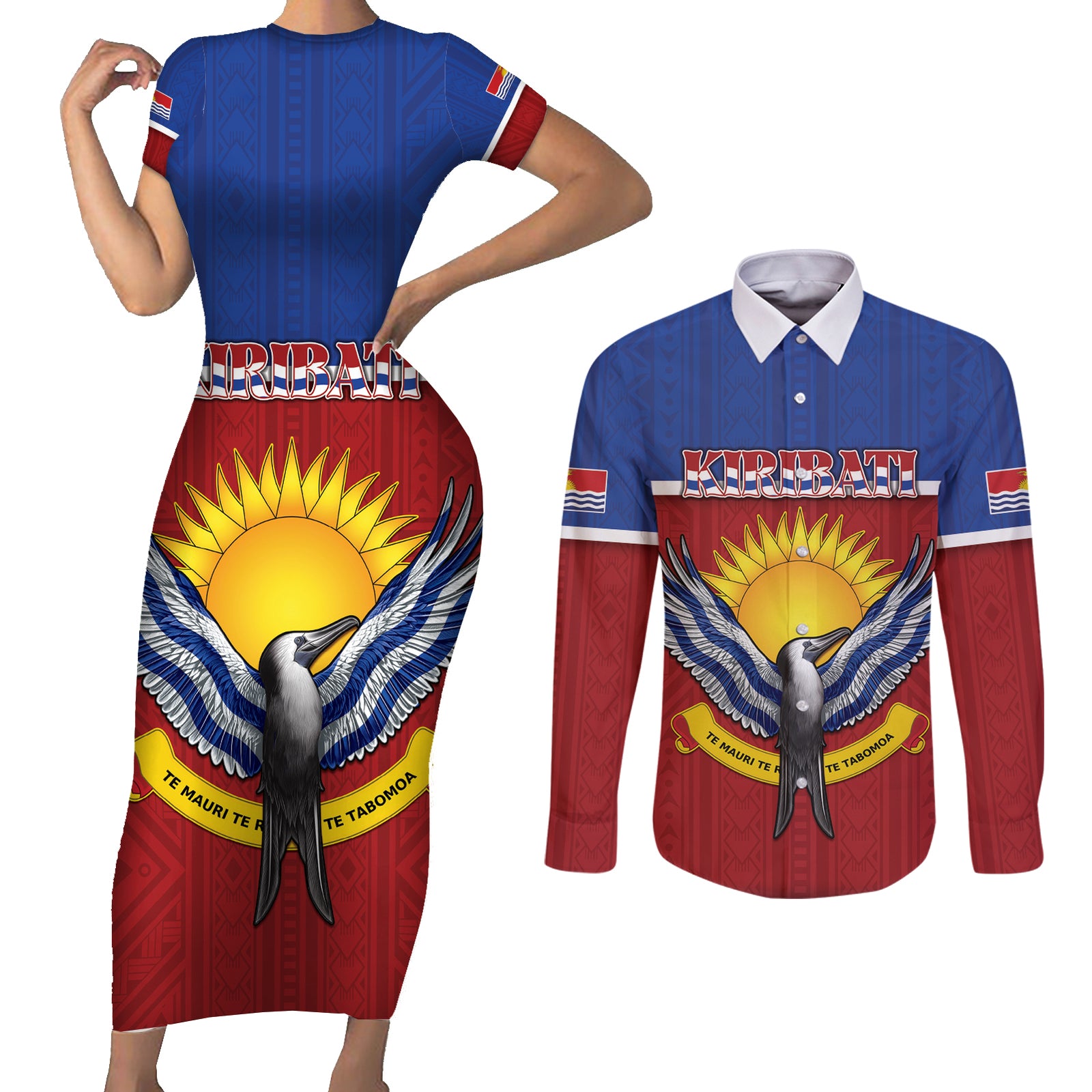 Kiribati 45th Independence Day Couples Matching Short Sleeve Bodycon Dress and Long Sleeve Button Shirt Lesser Frigatebird Tribal Pattern LT05 Red - Polynesian Pride