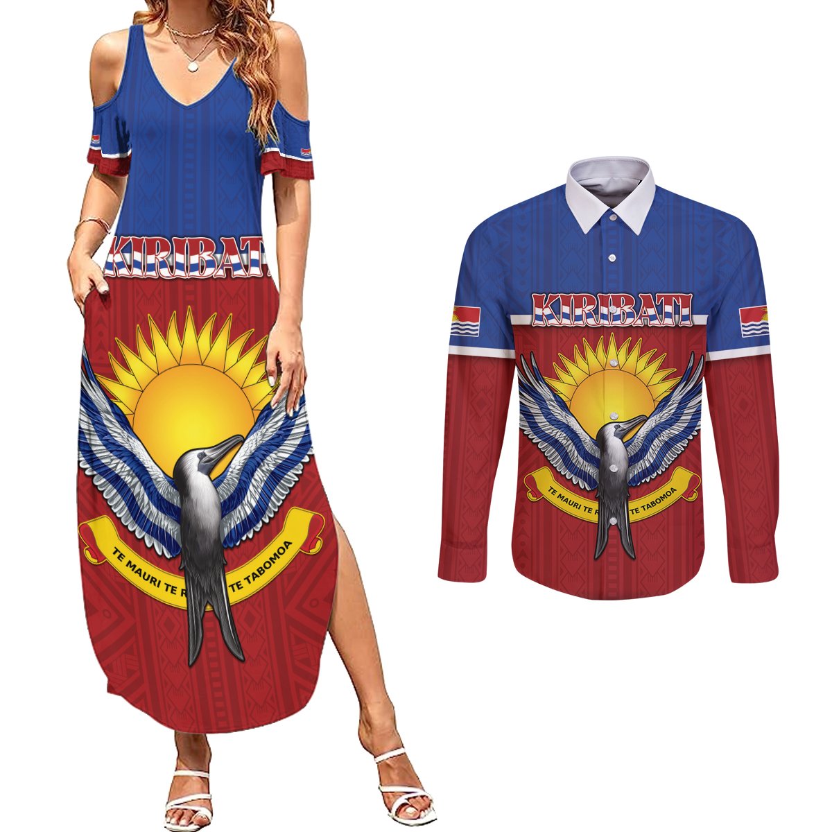 Kiribati 45th Independence Day Couples Matching Summer Maxi Dress and Long Sleeve Button Shirt Lesser Frigatebird Tribal Pattern LT05 Red - Polynesian Pride