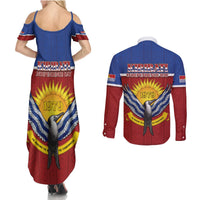 Kiribati 45th Independence Day Couples Matching Summer Maxi Dress and Long Sleeve Button Shirt Lesser Frigatebird Tribal Pattern LT05 - Polynesian Pride