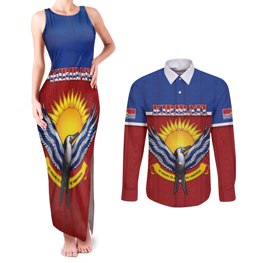 Kiribati 45th Independence Day Couples Matching Tank Maxi Dress and Long Sleeve Button Shirt Lesser Frigatebird Tribal Pattern LT05 Red - Polynesian Pride