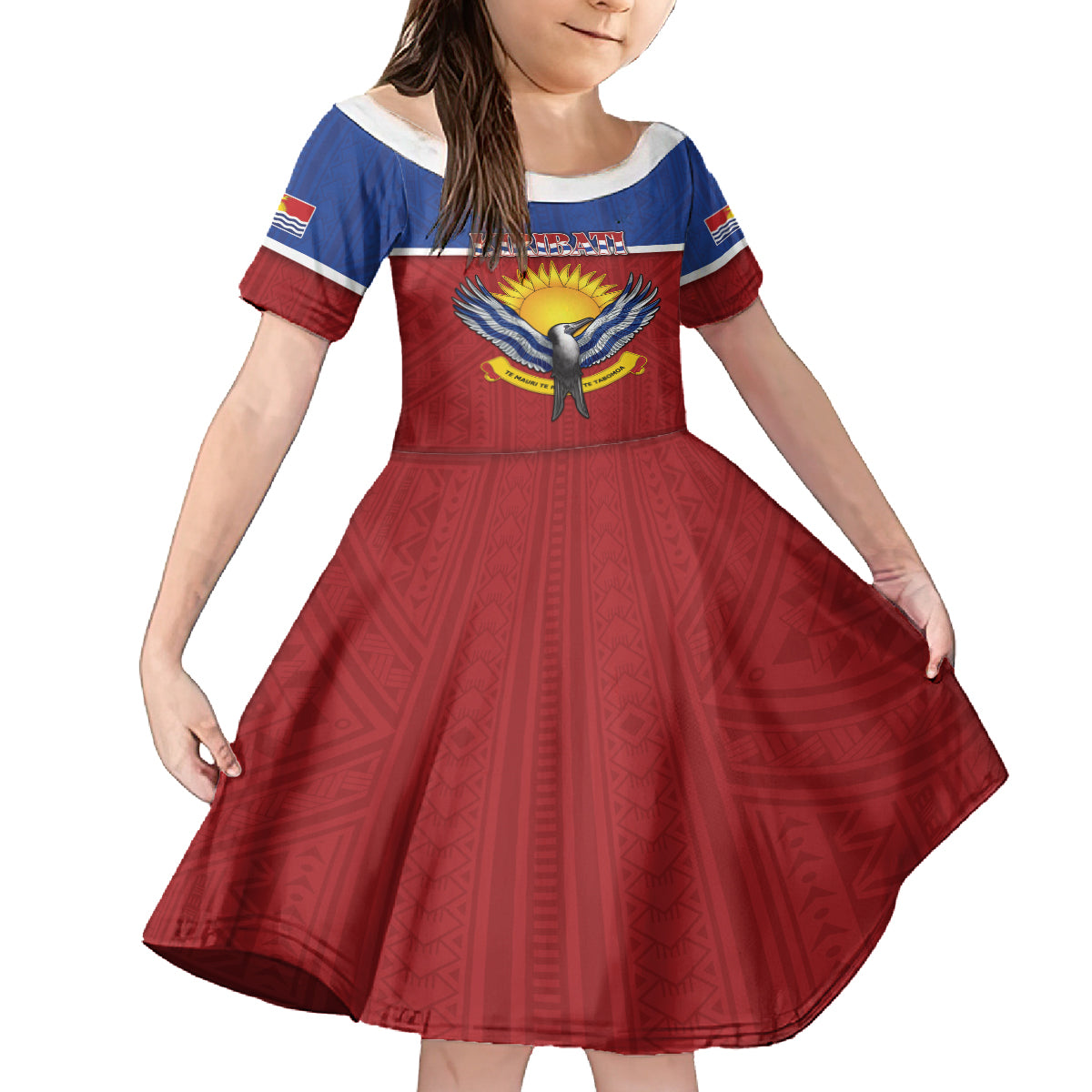 Kiribati 45th Independence Day Family Matching Long Sleeve Bodycon Dress and Hawaiian Shirt Lesser Frigatebird Tribal Pattern LT05 Daughter's Dress Red - Polynesian Pride