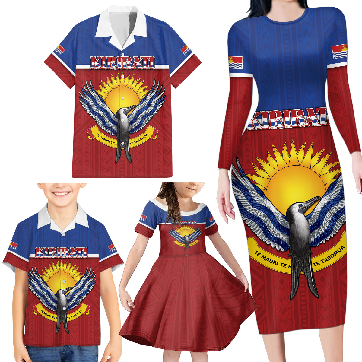 Kiribati 45th Independence Day Family Matching Long Sleeve Bodycon Dress and Hawaiian Shirt Lesser Frigatebird Tribal Pattern LT05 - Polynesian Pride