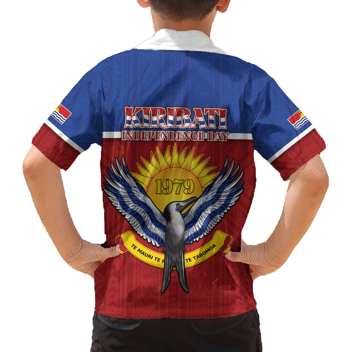 Kiribati 45th Independence Day Family Matching Off The Shoulder Long Sleeve Dress and Hawaiian Shirt Lesser Frigatebird Tribal Pattern