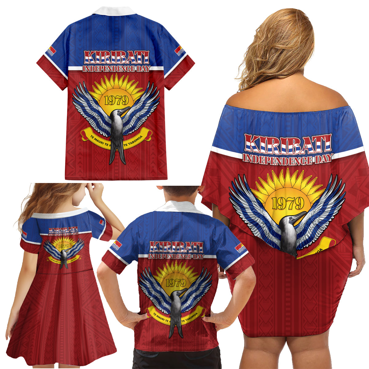 Kiribati 45th Independence Day Family Matching Off Shoulder Short Dress and Hawaiian Shirt Lesser Frigatebird Tribal Pattern